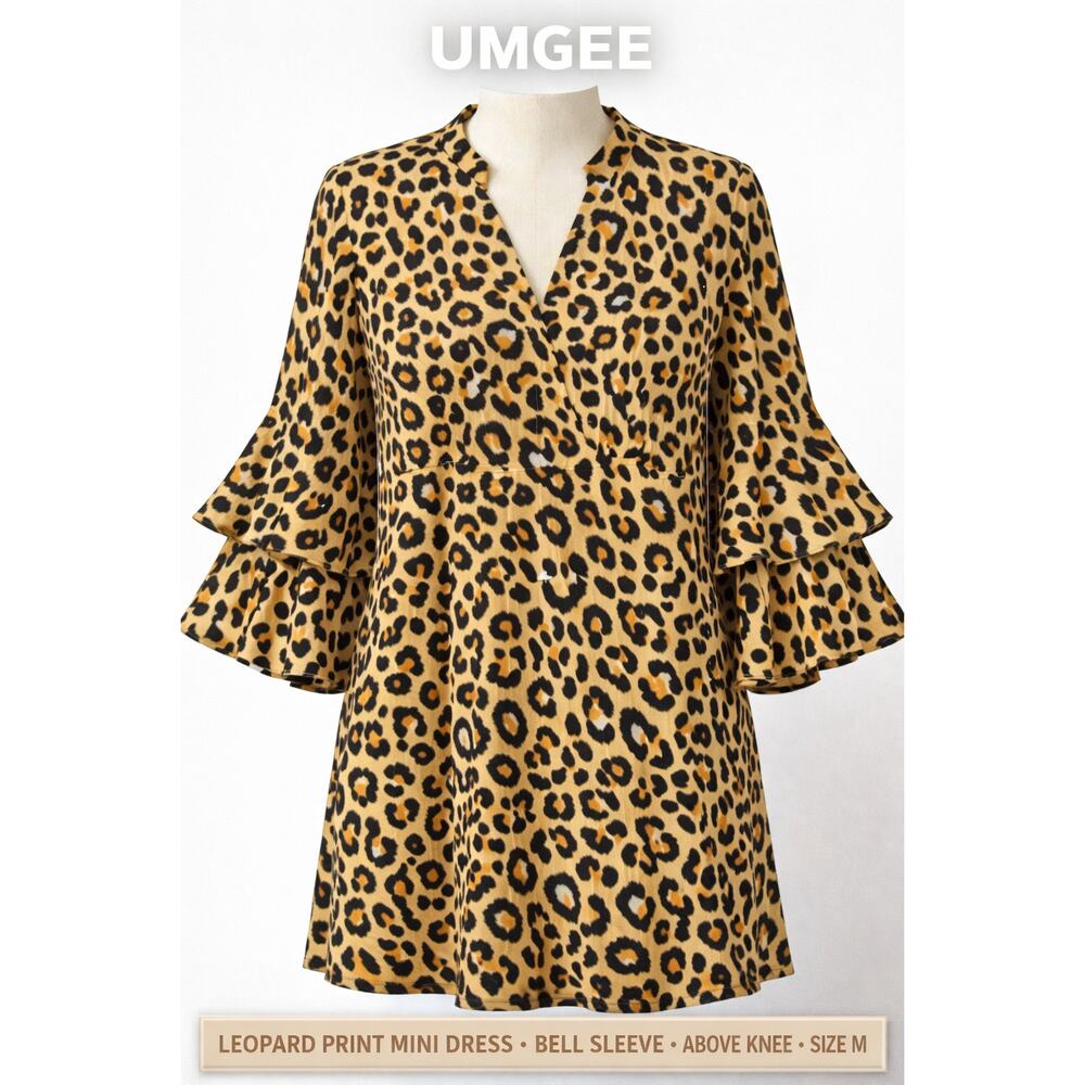 Umgee Leopard Print Mini Dress Bell Sleeve Above Knee Flowy Boutique Size M